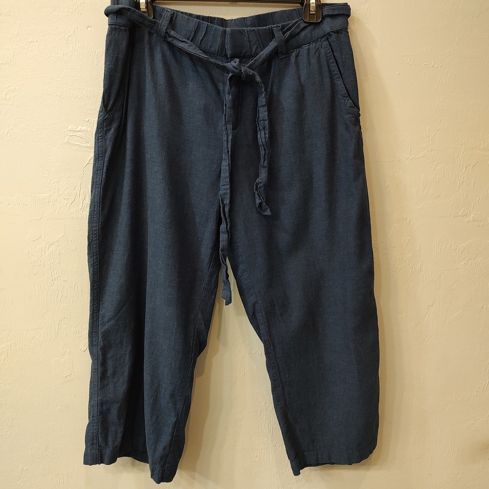 Liz Claiborne Navy Blue Linen Cotton Crop Pants Size Medium Elastic Waist Belted